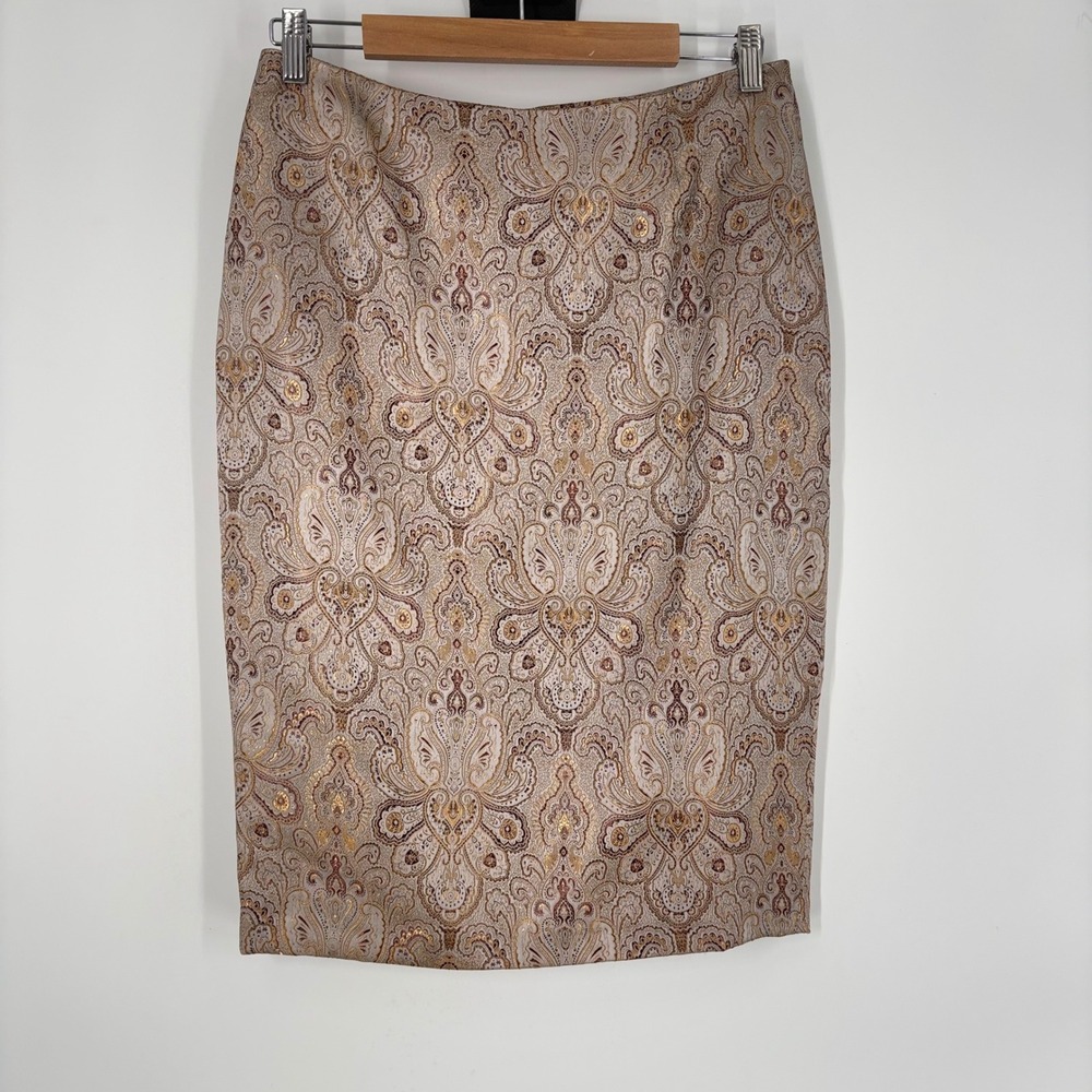 Newport News Gold Paisley Brocade Pencil Skirt Size 8 Metallic Knee Length
